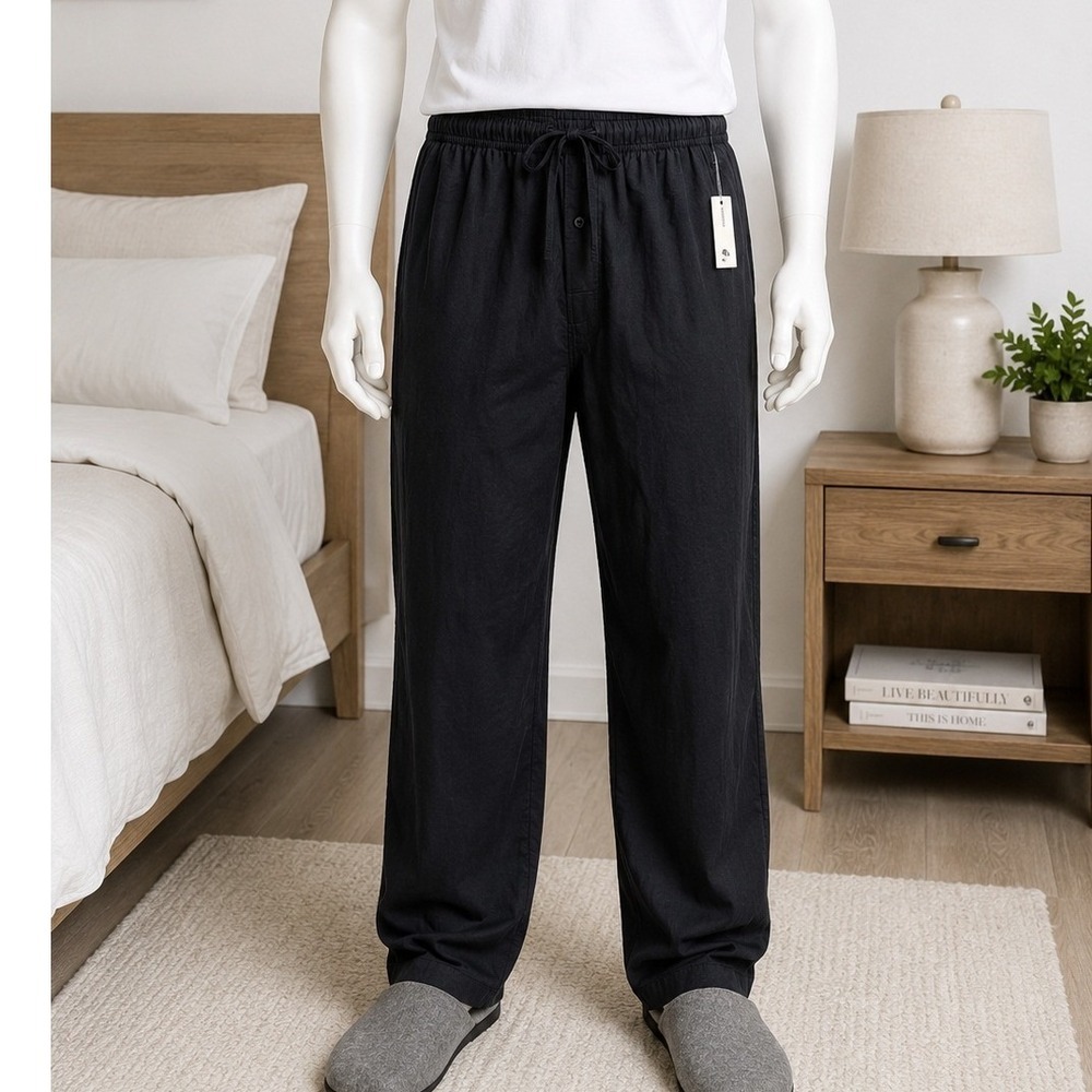 Amazon Essentials Mens Lounge Pants Black Cotton Elastic Waist Large